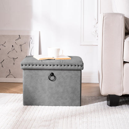 oakvivo Storage Ottoman Cube 16x12x12 inches, Small Faux Leather Tuffed Foot Rest Stool with Rivet Design, Foldable Ottomans Footstool, Box Chest for Bedroom, Entryway, Load 242 lb, Grey