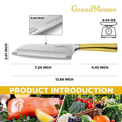 GrandMesser Santoku Knife, Chef's Kitchen Knife 7 Inch, Japanese Steel AUS-10 Chef Knife, with Pure Copper Ergonomic Handle & Gift Box.