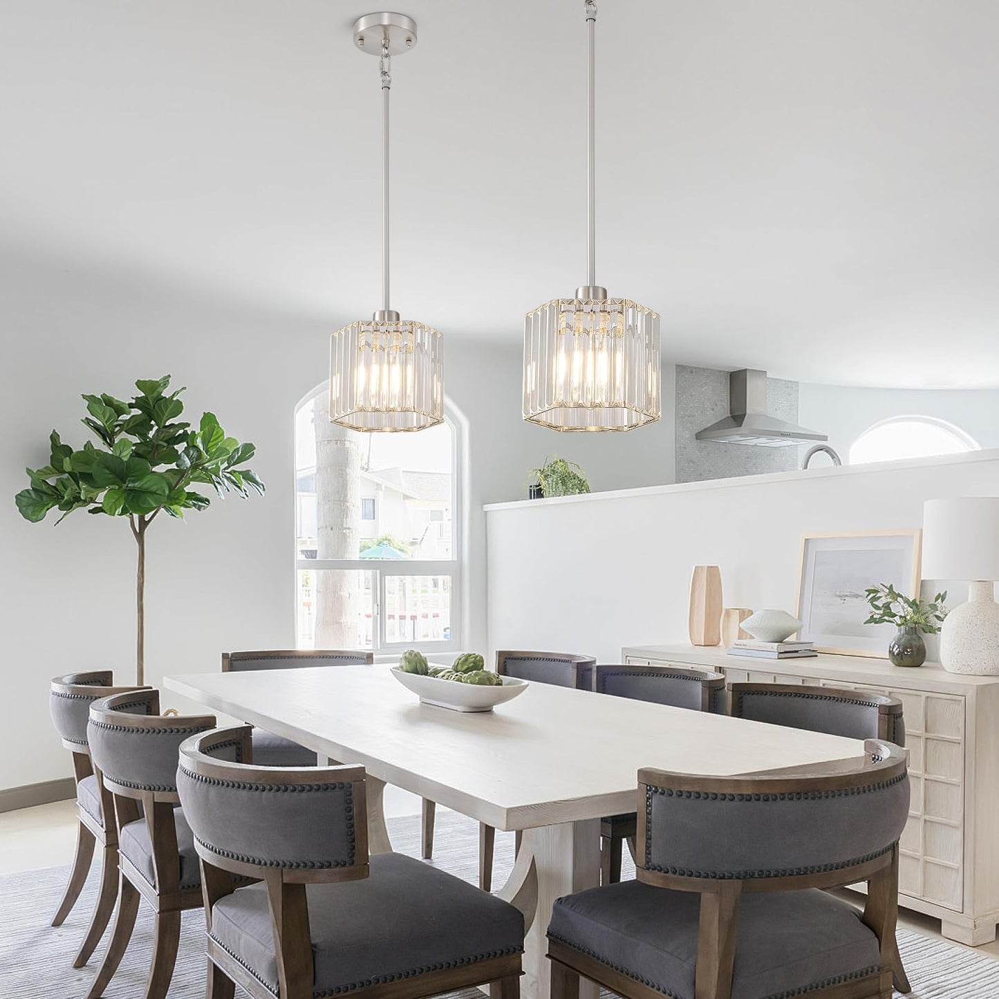 XSDeTu Brushed Nickel Pendant Light Fixtures, Modern Crystal Hanging Ceiling Light, 1-Light Mini Farmhouse Chandelier, Adjustable Hexagonal Island Lights for Kitchen, Dining Room, Bedroom, 2 Pcs