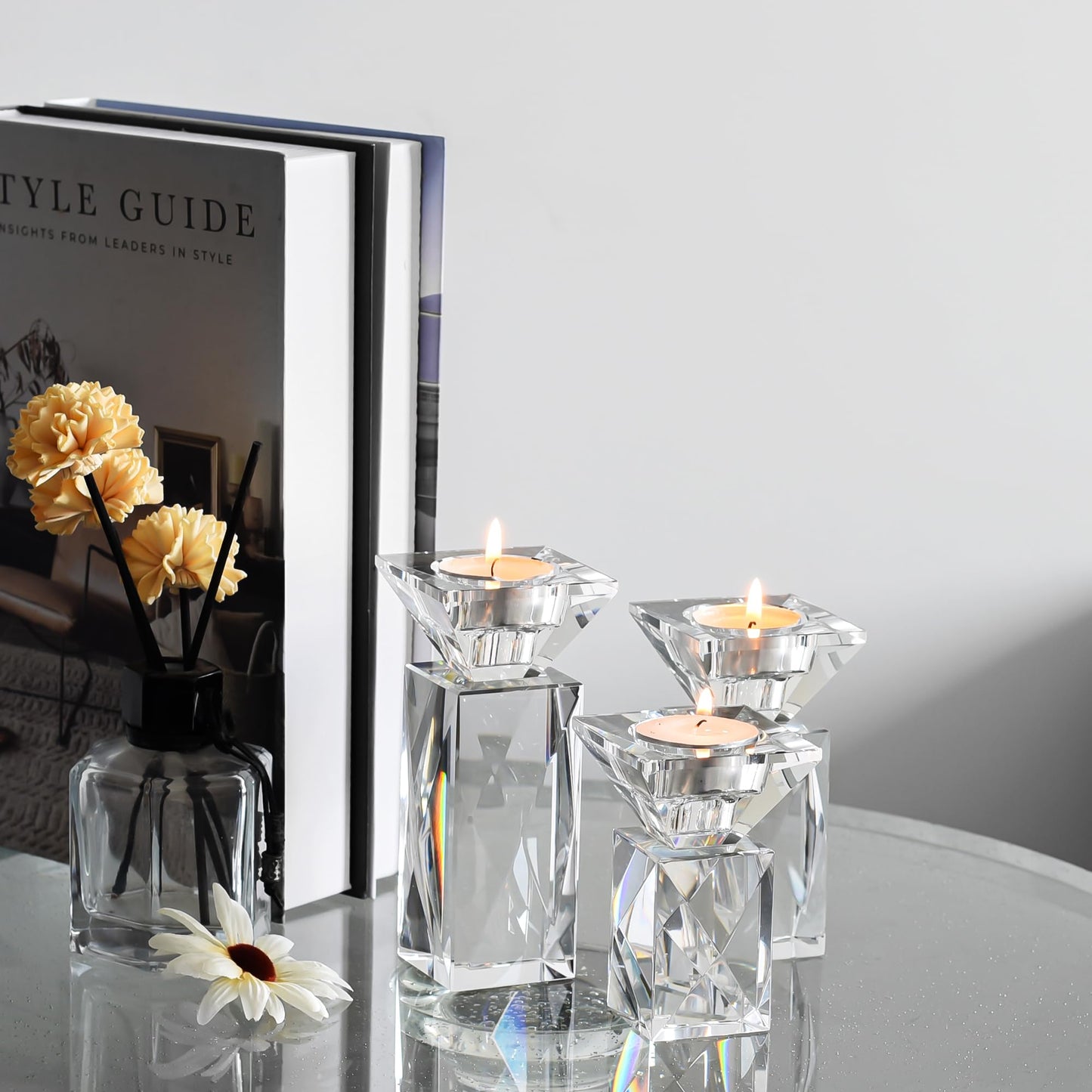 Crystal Candle Holders Set of 3, Clear Taper Candle Holder Decor, Table Centerpieces for Home Party and Wedding Decoration(3.5''/4.5''/5.5'' Height)