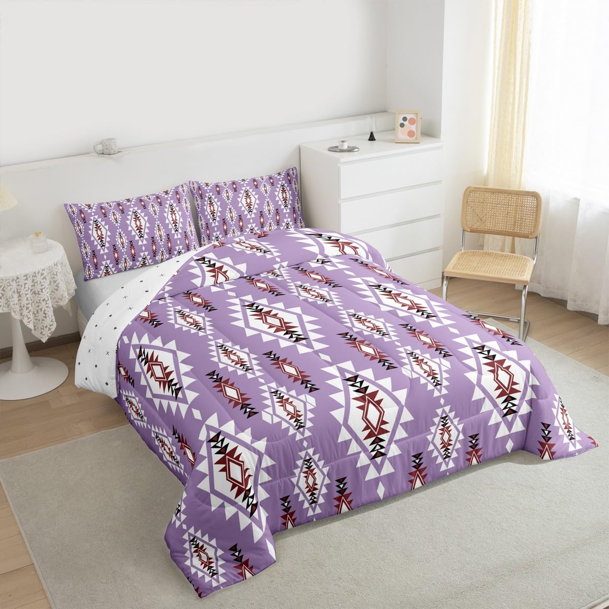 jejeloiu Boho Western Comforter Set All Season Bohemian Southwestern Bedding Set with 2 Pillow Cases Aztec Decor Kids Queen Bedclothes Farmhouse Country Bedroom Duvet Quilt Soft Lightweight