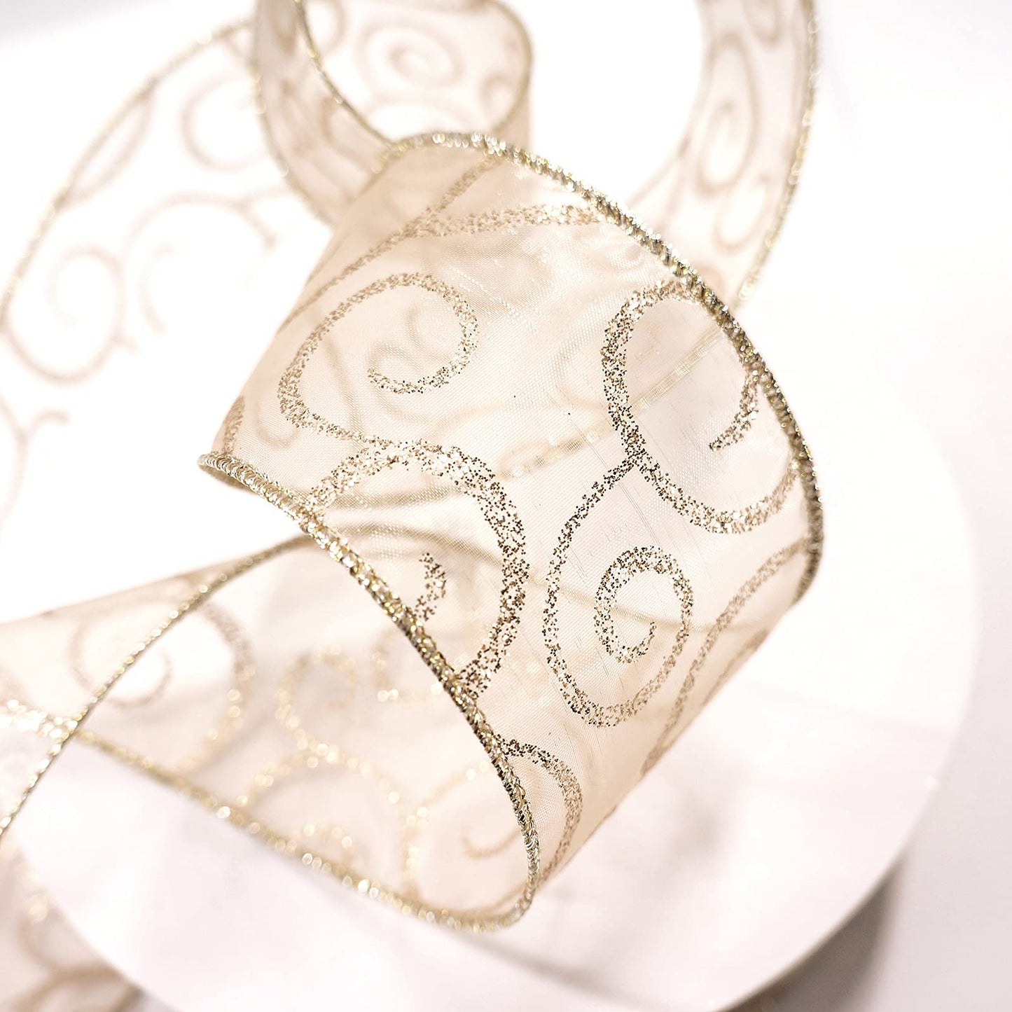 CT CRAFT LLC Organza with Champagne Gold Glitter Swirls Wired Ribbon 2.5 inch x 50 Yards for Christmas Home Decor Tree Topper Bow Gift Wrapping DIY Crafts Wreath Garland Wedding