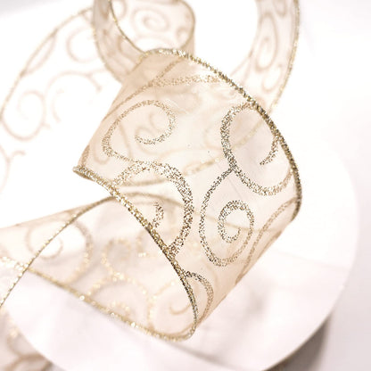 CT CRAFT LLC Organza with Champagne Gold Glitter Swirls Wired Ribbon 2.5 inch x 50 Yards for Christmas Home Decor Tree Topper Bow Gift Wrapping DIY Crafts Wreath Garland Wedding