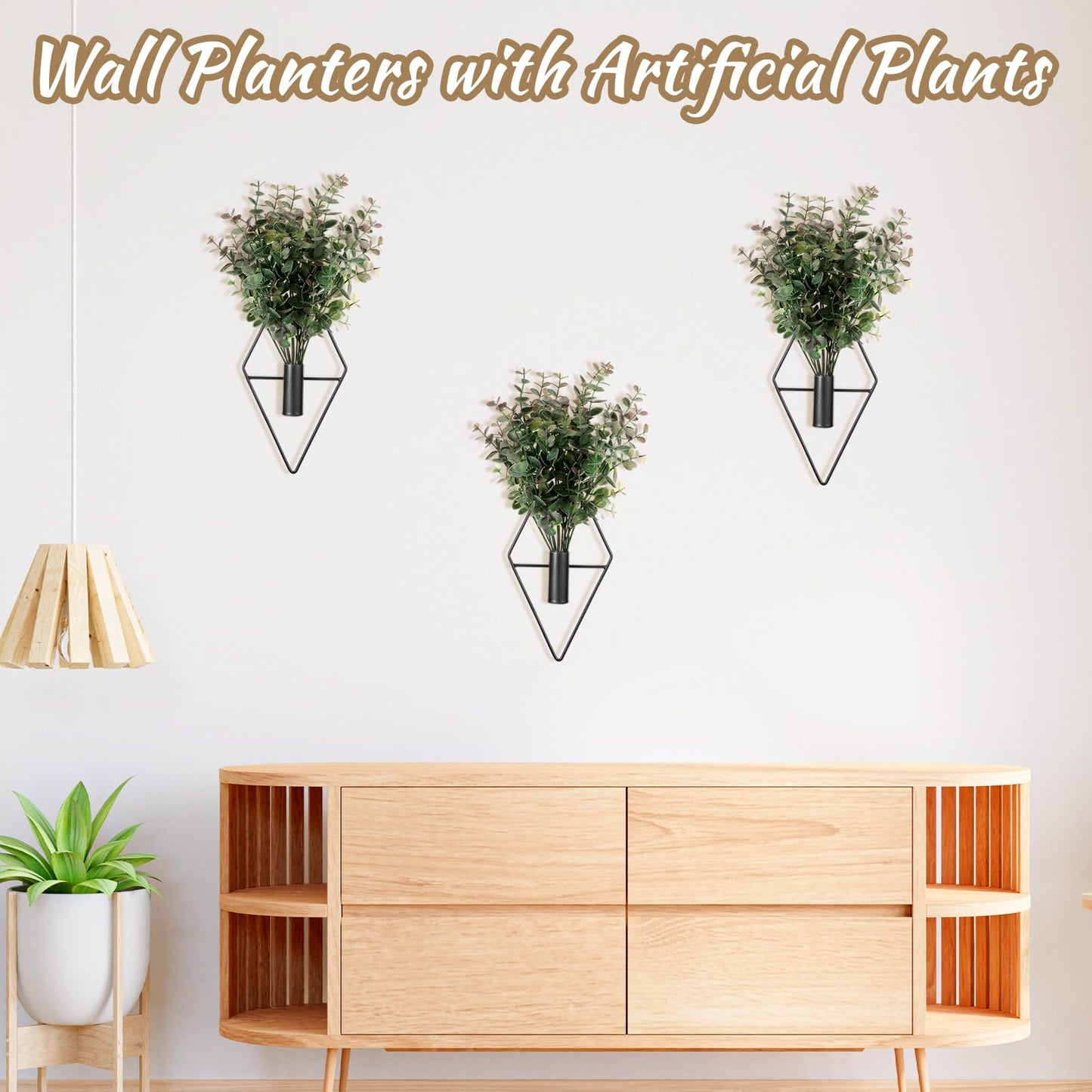 2 Pcs Hallway Decor Hanging Planters, Artificial Eucalyptus Wall Plants with Modern Geometric Design, Black Boho Wall Decor for Indoor Spaces, Stylish Home Accent for Living Room, Hallway & Bedroom