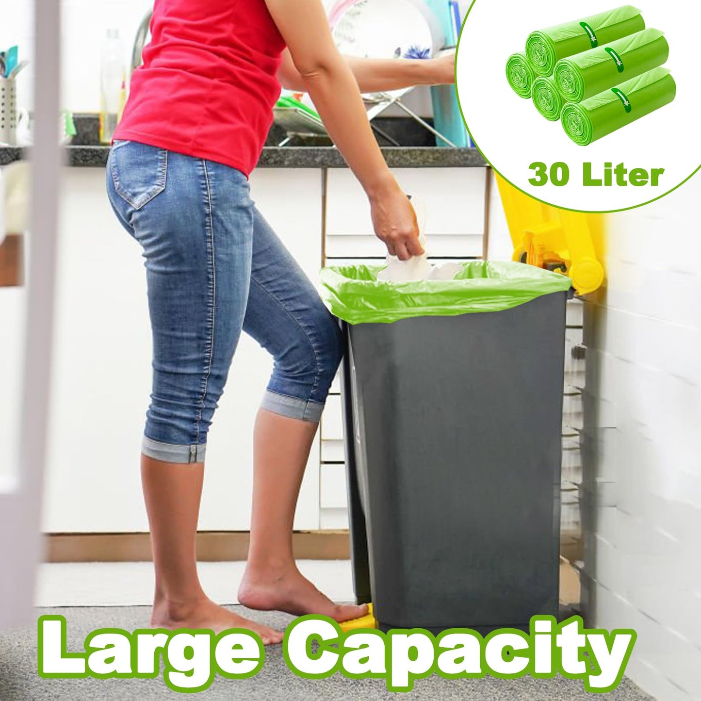 30 Litre Bin Liners 100 Bags, Biodegradable Food Waste Garbage Bags, 30L Strong Compostable Trash Caddy Liners, Recycling Degradable Rubbish Bag for Kitchen Bathroom Garden Office, Green, 60 x 65cm