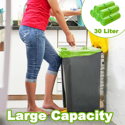 30 Litre Bin Liners 100 Bags, Biodegradable Food Waste Garbage Bags, 30L Strong Compostable Trash Caddy Liners, Recycling Degradable Rubbish Bag for Kitchen Bathroom Garden Office, Green, 60 x 65cm