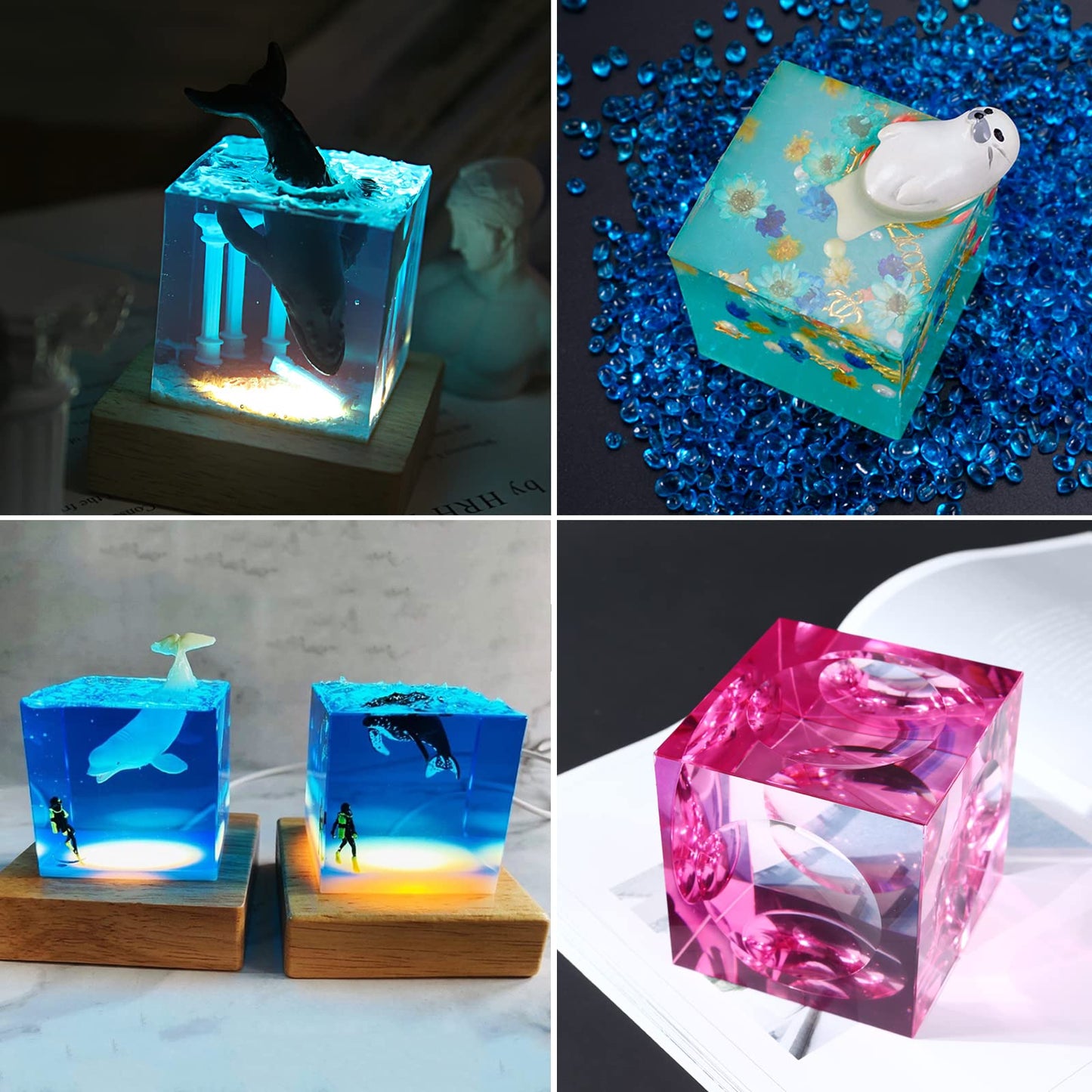 Voaesdk Light Resin Square Molds,Large Cube LED Silicone Moulds for Resina with USB Powered Wooden Lighted Base for DIY Crystal Resin Art Table Lamp Home Decoration