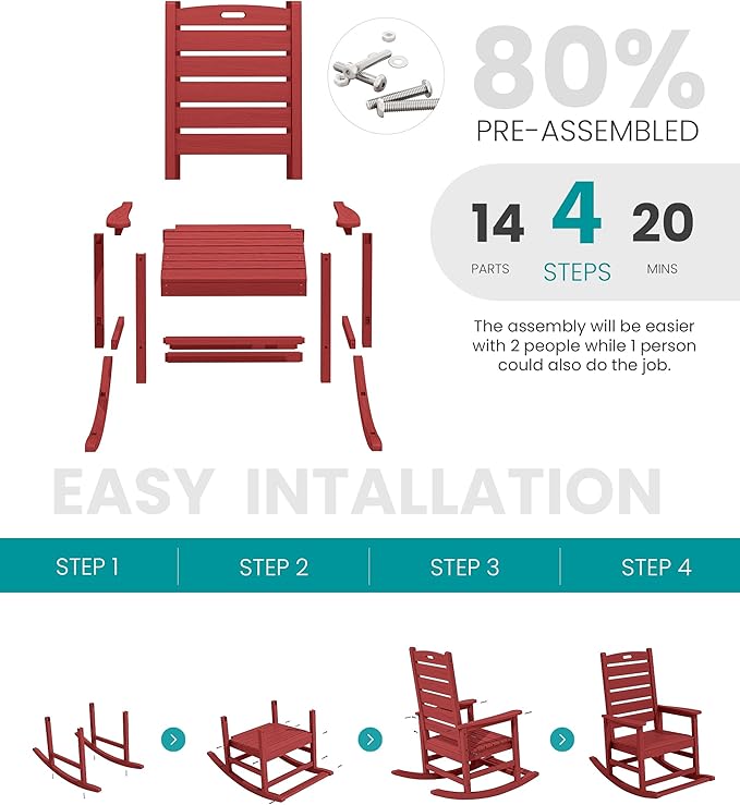 SERWALL Outdoor Rocking Chair Set of 2, Oversized Rocking Chair with Footboard for Adults, HDPE All Weather Resistant Rocking Chairs for Patio, 350lbs Weight Capacity,Red