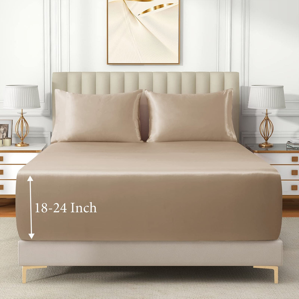 VACVELT 3pcs Extra Deep Pocket Satin Fitted Sheet Set Queen Bed Set, Beige Bottom Sheet Fit 18-24 Inch Deep Pocket Mattress, Silky Bedding Set Soft & Ultra Deep Fitted Sheet & 2 Pillowcase
