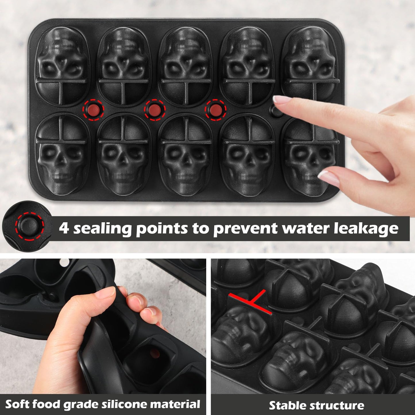 Webake Skull Ice Cube Mold 3D, 10-Cavity Skeleton Head Silicone Ice Mold with Lid and Funnel for Whiskey Cocktail Reusable for Halloween Baking Chocolate, Candy, Pudding