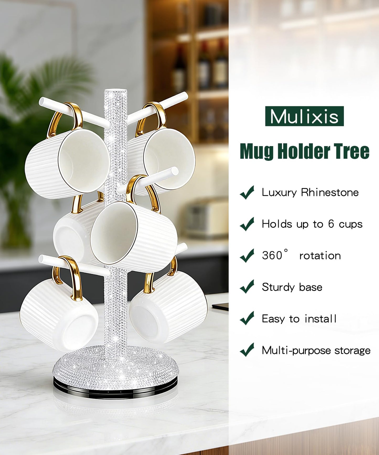 Mulixis Bling Mug Holder Tree, 360° Rotation Coffee Cup Holder with 6 Hooks Crystal Rhinestone Mug Tree Rack Aesthetic Design Home Organization（White）