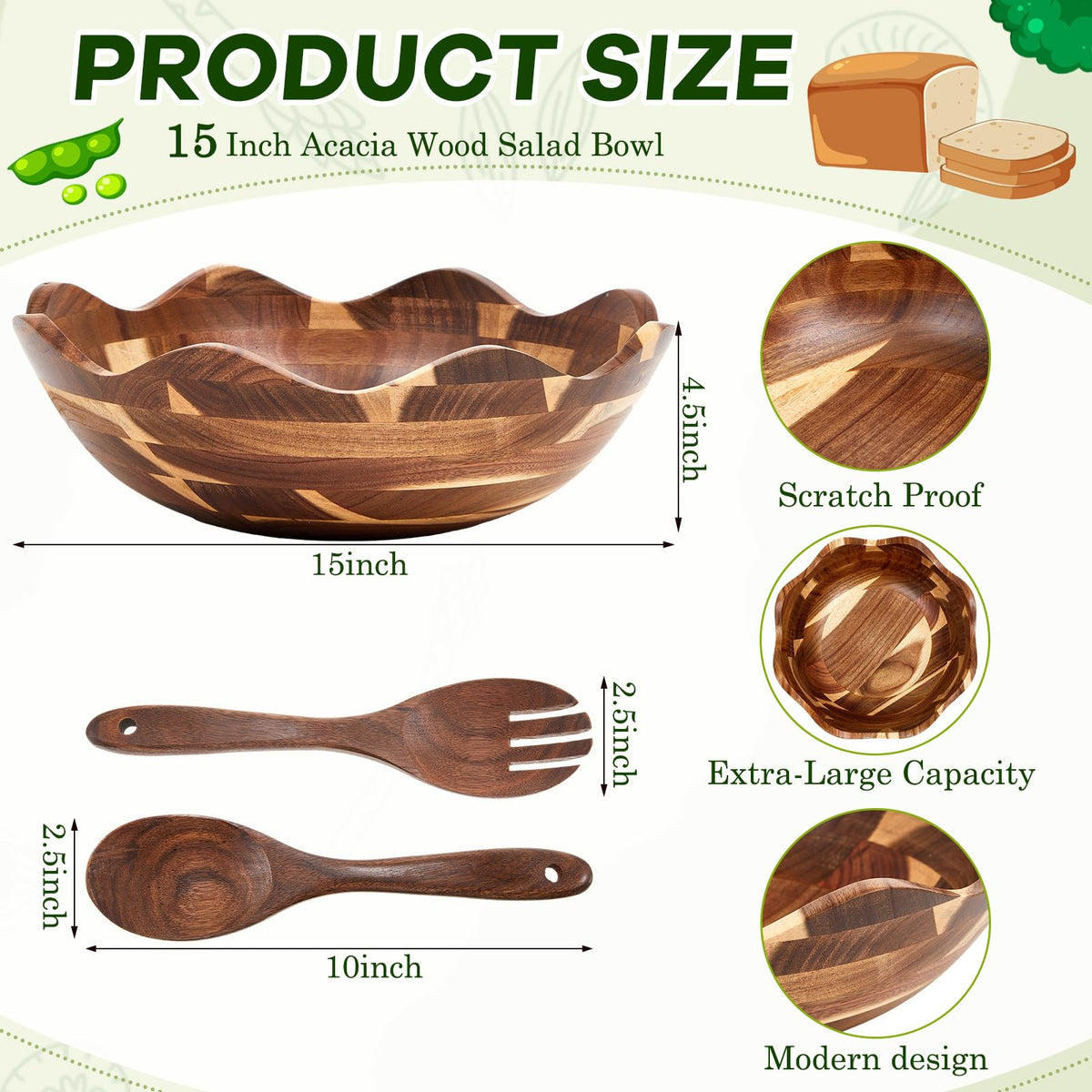 Geiserailie 15 Inch Acacia Wood Salad Bowl Set Extra Large Scalloped Farmhouse Serving Bowl with 2 Wooden Spoons Handmade Mixing for Fruit, Pasta, Entertaining, Wedding Registry, Kitchen Decor