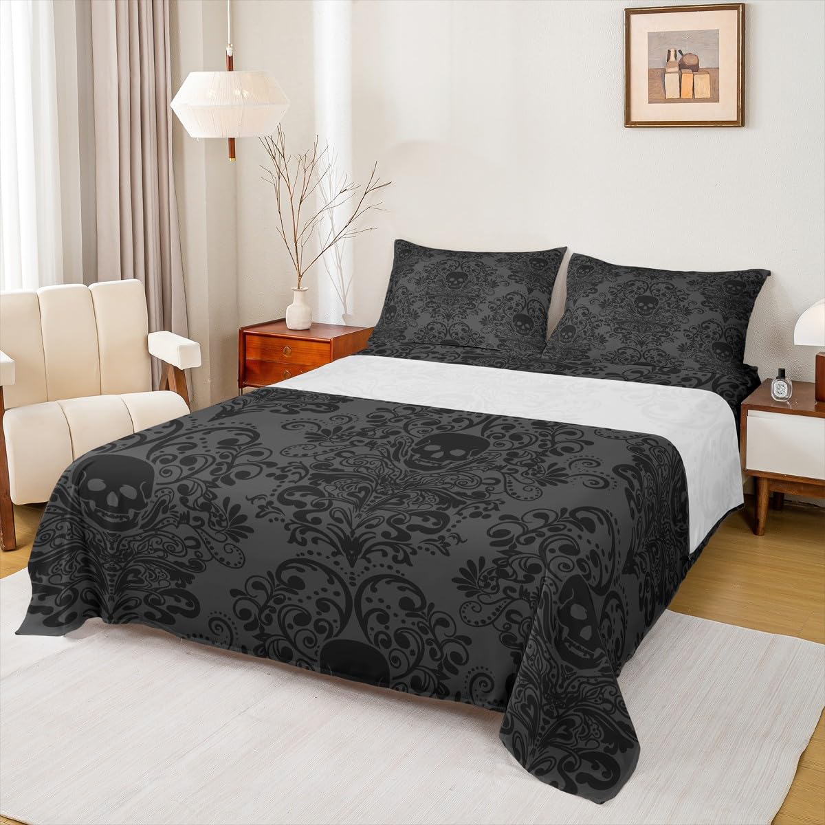 Feelyou Gothic Skull Bed Sheets Set Full Size Damask Print Bed Set for Kids Boys Girls Goth Bohemian Deep Pocket Fitted Sheet Dark Olive Green Breathable Soft Lightweight Microfiber