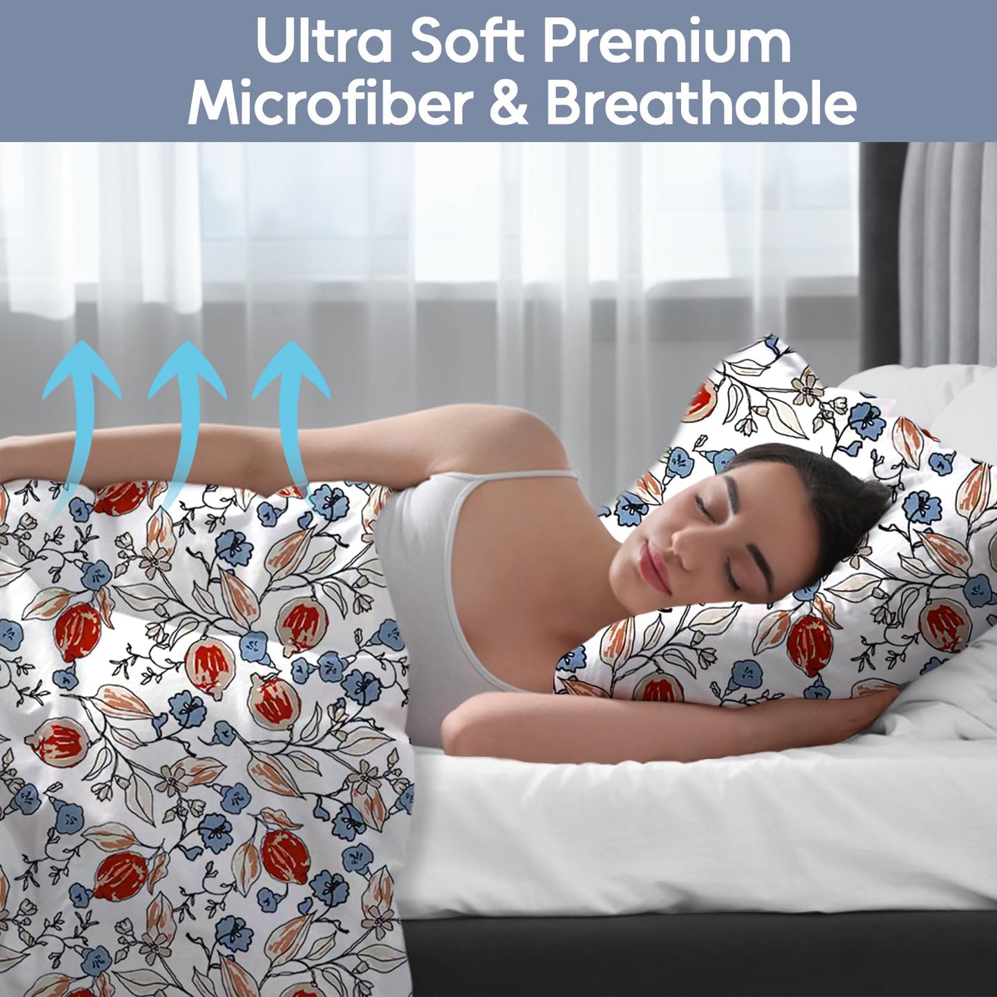 LONAVA Flower Queen Size 6 Pcs Sheet Set, Breathable Microfiber Deep Pocket White Fitted Sheets, Comfy & Breathable Patterned Flat Sheets,4 Gentle Soft Pillowcases, Red Bud