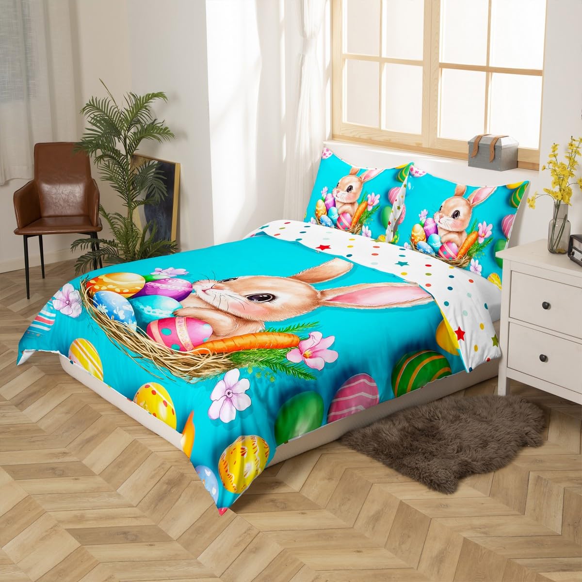 Bunnies Duvet Cover Easter Theme Bedding Set for Boys Teens Youth,Easter Eggs Nest Comforter Cover Cute Rabbit Pet Animal Quilt Cover Queen Size Greetings and Presents for Easter Day