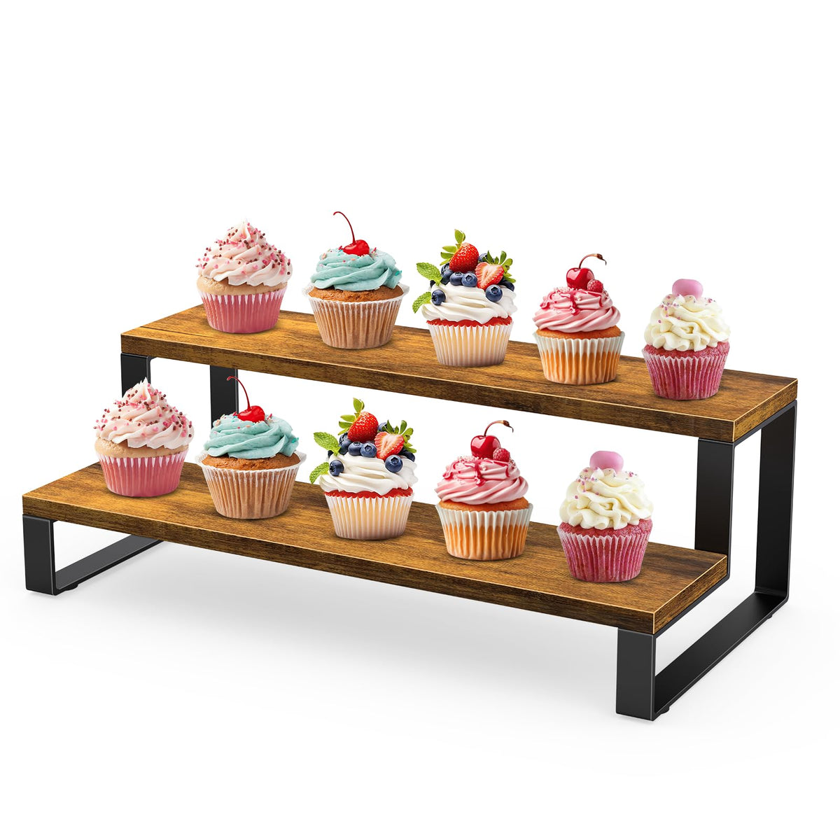 ELITEROO Wooden Display Riser Stand, Tiered Perfume and Cologne Organizer Stand, 2 Tier Rustic Display Shelf for Party,Makeup,Figures,Cupcake,Perfume,Dessert,Candles
