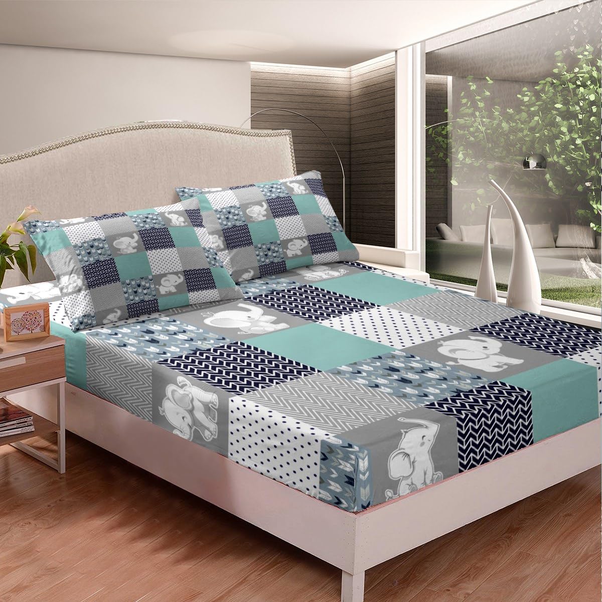 Cute Elephant Fitted Sheet,Full Size Wild Animals Pattern Collections Geometric Lattice Theme,Soft Decorative Fabric Bedding Deep Pocket for Children Teens Young Boys Girls,with 2 Pillowcases