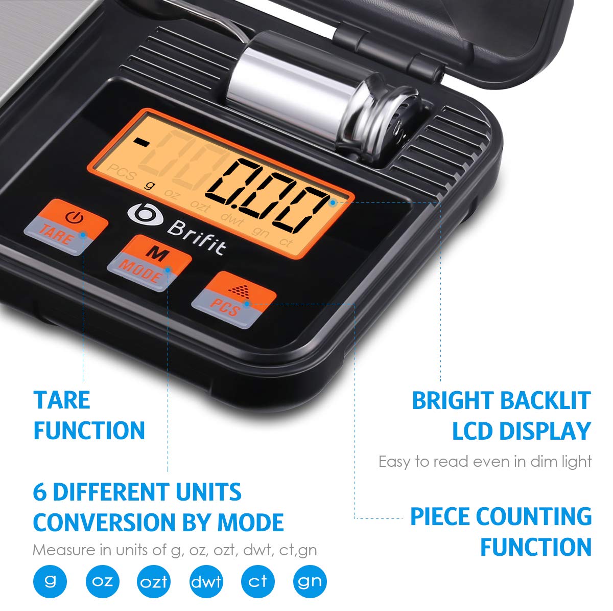 Brifit Digital Pocket Scale, Precision Mini Scale with Backlit LCD, PCS, Tare Function, 200g/0.01g Digital Scale with 50g Calibration Weights for Chiristmas Gift (Batteries, Tweezers Included)