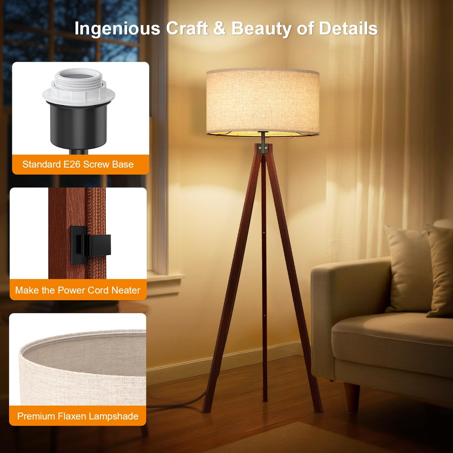LEPOWER Wood Tripod Floor Lamp, Mid Century Standing Lamp, Modern Design Studying Light for Living Room, Bedroom, Study and Office, Flaxen Linen Shade with E26 Base Brown