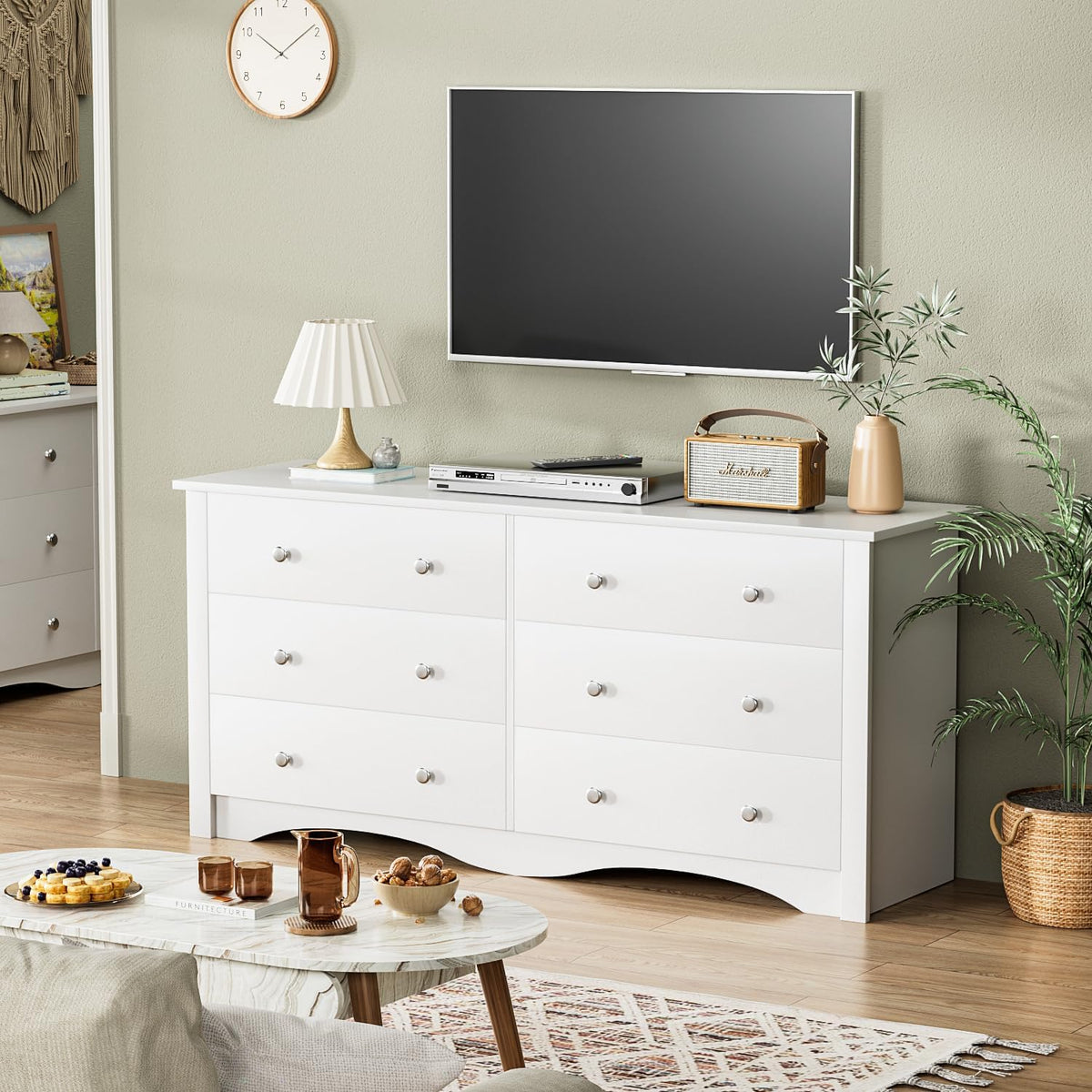 YESHOMY White Wood Dresser with 6 Drawer, 47.2‘’ Cabinets Dressers Wood Dresser Cabinet, Organizer Drawers for Bedroom, Living, Hallway