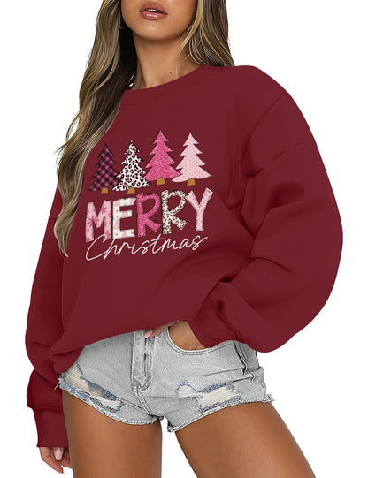 Micoson Christmas Sweater Graphic Sweatshirts Holiday Merry Print Funny Cute Tops(Wine Christmas Tree, M)