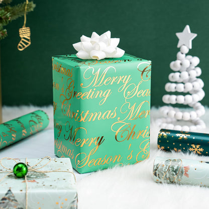 WRAPAHOLIC Reversible Green Christmas Wrapping Paper - Mini Roll - 17 Inch x 33 Feet - Watercolor Green Christmas Tree Wrapping Paper with Metallic Foil Shine for Holiday, Party, Celebration