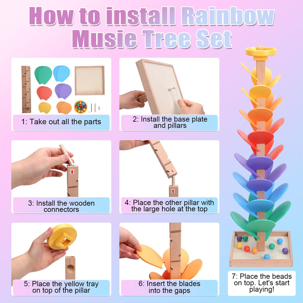 Rainbow Music Tree Toy, Wooden Marble Run Ball Drop Toy for Kids Ages 3+