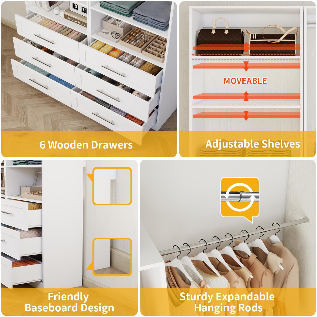 Closet System with 6 Drawers, Wood Closet Organizer System, Walk-in Closet or Small Closet System with Shelves, Modular Closet Systems with 3 Expandable Hanging Rods, 2 Sets, White (4FT)