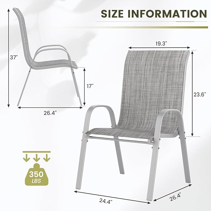 UDPATIO Patio Chairs Set of 6, Stackable Silver Outdoor Dining Chairs with High Back, Breathable Textilene Fabric Outdoor Chair All Weather, 350LBS Capacity for Garden, Backyard (Light Grey)