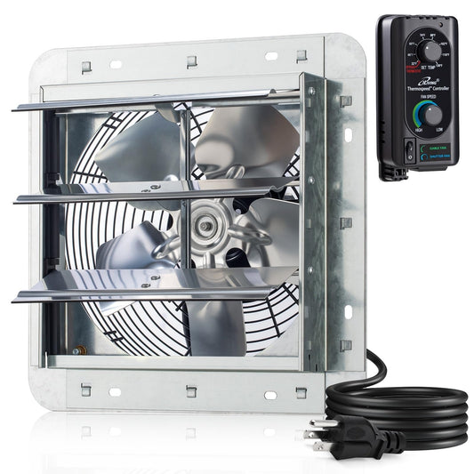iLiving 10" Wall Mounted Shutter Exhaust Fan, Automatic Shutter, with Thermostat and Variable Speed controller, 65W, 820 CFM, 1200 SQF Coverage Area Silver (ILG8SF10V-ST)