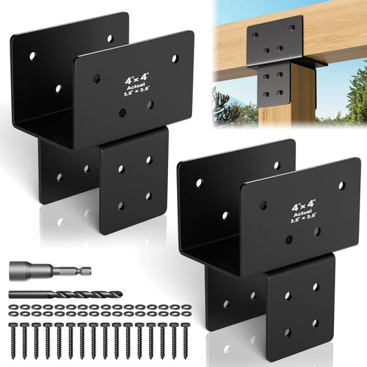 Wuno Shop 2 Pack 4x4(Actual 3.5"x3.5") Post Caps Tie Bracket, Stainless Steel Post to Beam Connectors for Wood, Heavy Duty Post Anchor Connector for Pergolas, Gazebos, Decks Porches-Black