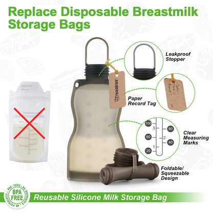 haakaa Silicone Breast Milk Storage Bag 9 oz- Reusable Milk Collector Freezer Bag for Breastfeeding Mom - Baby Food Storing Yummy Pouch - Breast Pump Bag -Leakproof - 5 Count