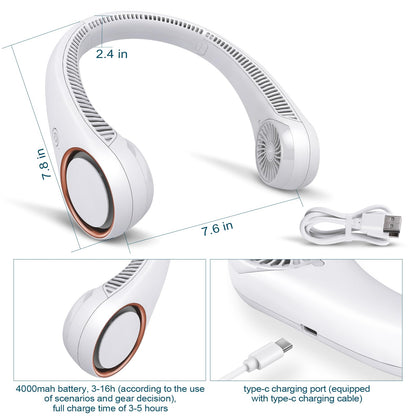 CIVPOWER Neck Fan: Portable Personal Neck Cooling Rechargeable Bladeless Fan - Hands Free 3 Speed 4000 mAh Battery USB Operated Wearable Headphone Design - Gift for Men Women Outdoor (White)