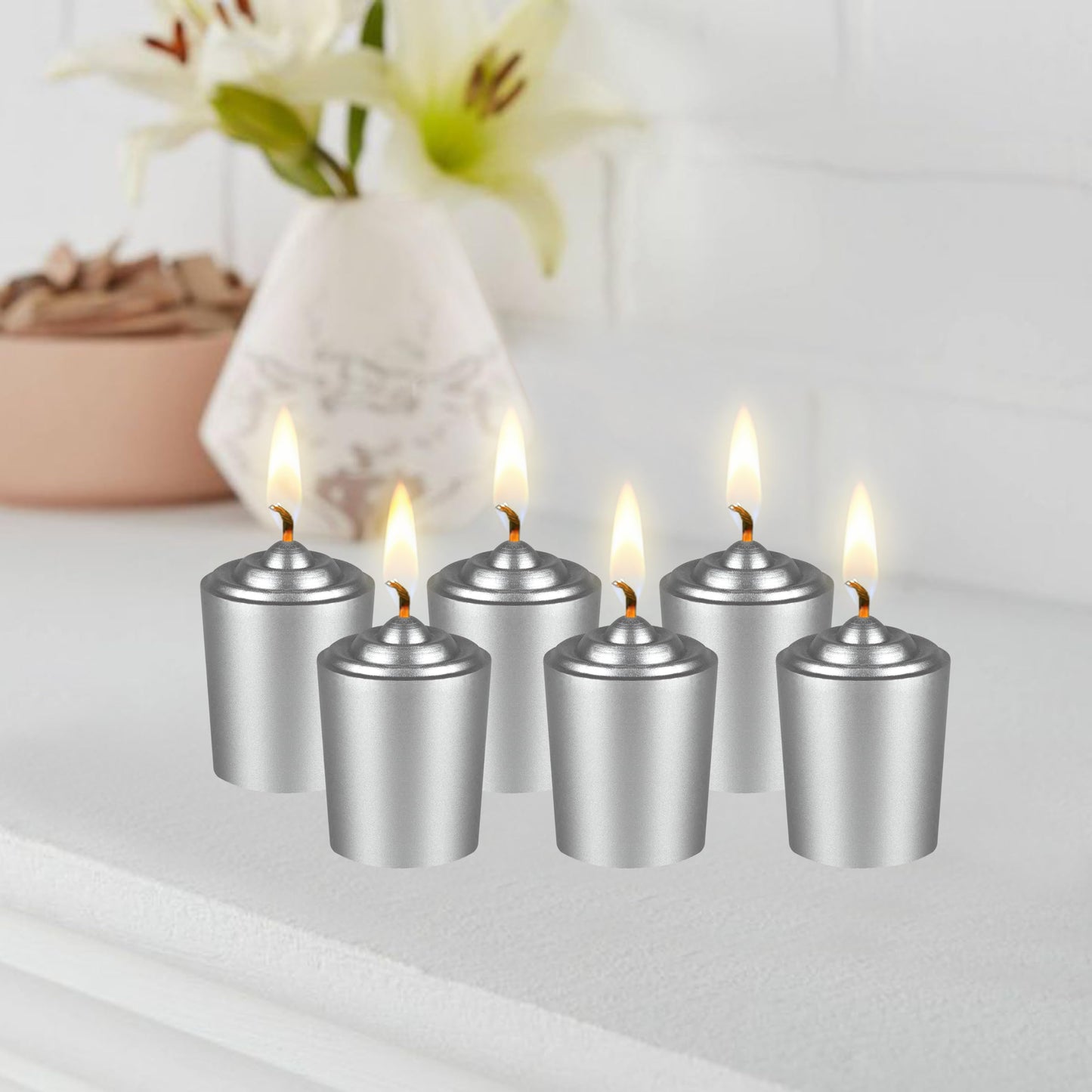 Mega Candles 12 pcs Unscented Silver Votive Candles, Hand Poured Wax Candle 15 Hours 1.5 Inch x 2.25 Inch, Home Décor, Wedding Receptions, Centerpieces, Occasions, Events, Meditations, Holders