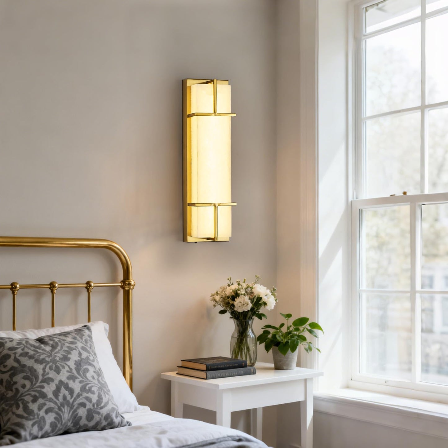 Fanyank 15.7inch Alabaster Wall Sconces Set of Two, 3 CCT Dimmable Square Natural Marble Lampshade Wall Sconce, Modern Hardwired LED Alabaster Indoor Wall Lamps Dining Room Stairs Bedroom Gold