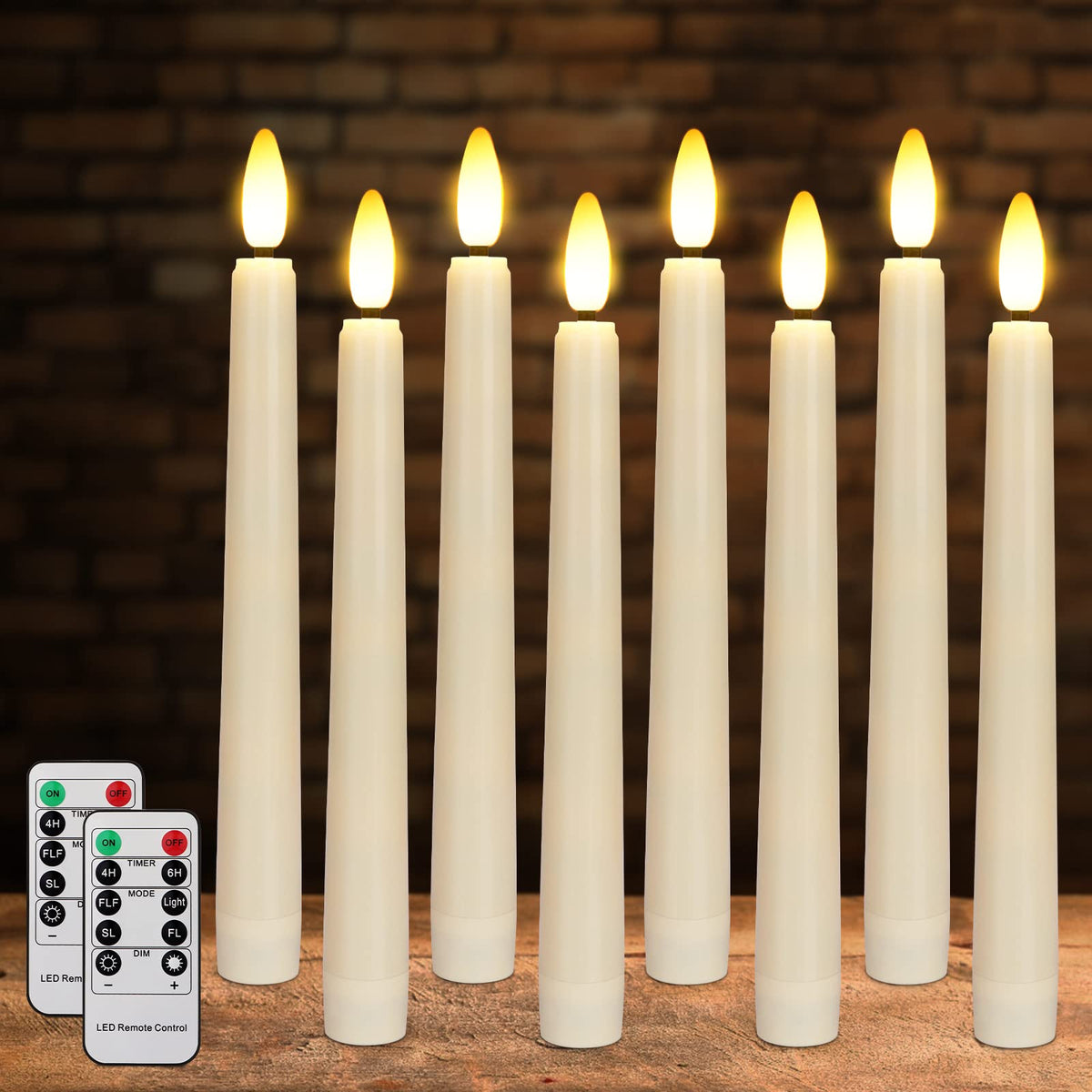 FPOO 8PCS Flameless Flickering Taper Candles with 2 Remote Control and Timer, 8 Inch 3D Wick Floating Flickering Flame, Battery Operated LED Window Candle Lights, Christmas Home Wedding Decor (Ivory)