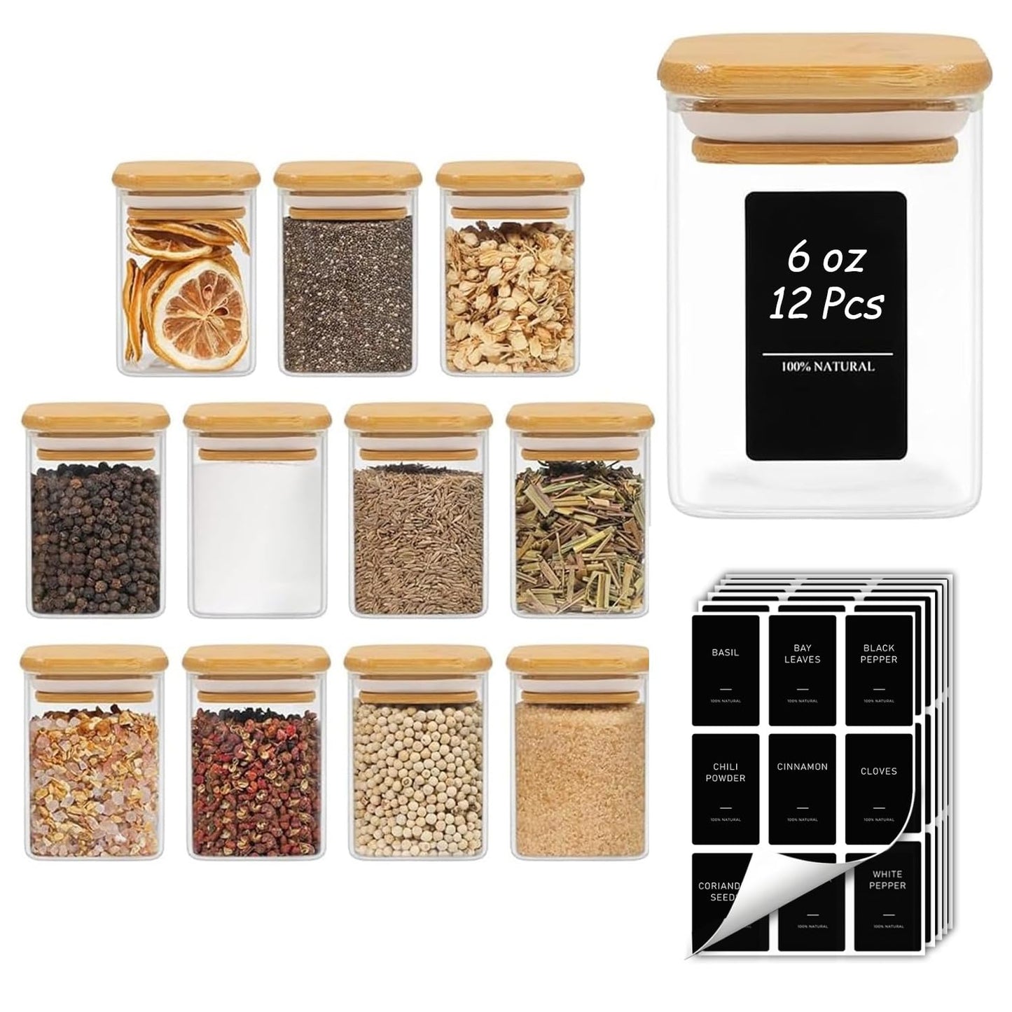 ComSaf Spice Jars with Labels 6 oz 12Pack, Small Spice Containers Starter Set, Glass Seasoning Jars with Lids, Square Seasoning Containers for Salt, Pepper, Chili Powder, Sugar, Ginger Ground, Cumin