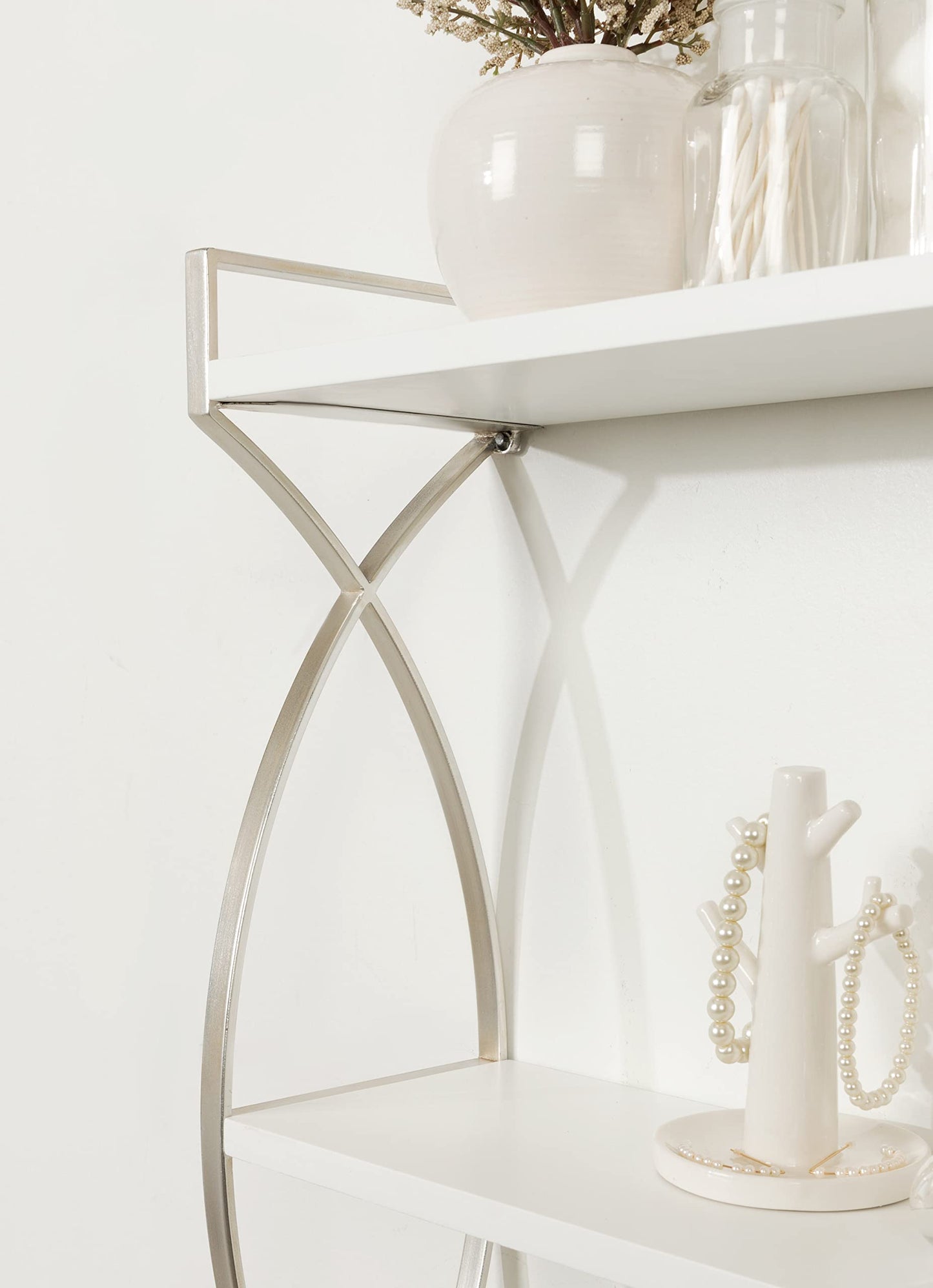 Kate and Laurel Arietta Modern Glam 3-Tier Wood and Metal Shelf; 18 x 7 x 28; White and Silver; Chic Contemporary Storage and Decor