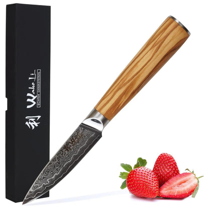 Wakoli Oribu Damascus Paring Knife – Full Tang Kitchen Knife | 3.4-Inch Blade Made of 67-Layer Damascus Steel with VG10 Core, Ergonomic Olive Wood Handle in Elegant Gift Box