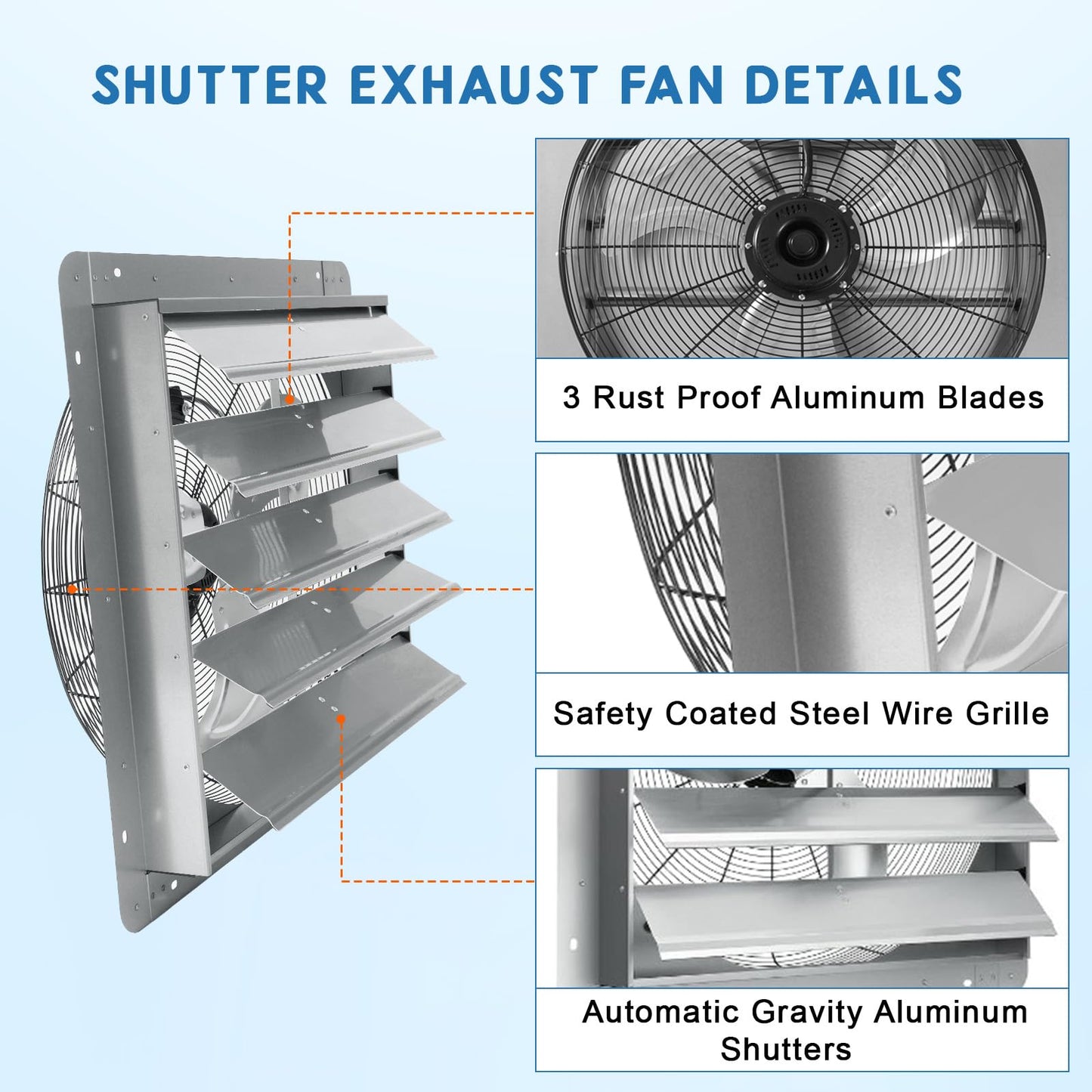 GarveeHome 24 Inch Shutter Exhaust Fan, Aluminum Automatic Wall Mount Fan, 3500 CFM High Speed Ventilation with Quiet 1500 RPM Motor for Greenhouse, Attic, Shop, Shed & Commercial Use