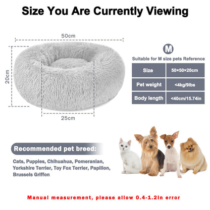 Calming Dog Cat Donut Bed - 19.7in Fluffy Plush Puppy Kitten Cuddler Round Bed, Warm and Soft Pet Cosy Anti Anxiety Beds with Non-Slip Bottom and Washable (M-50CM, Grey)