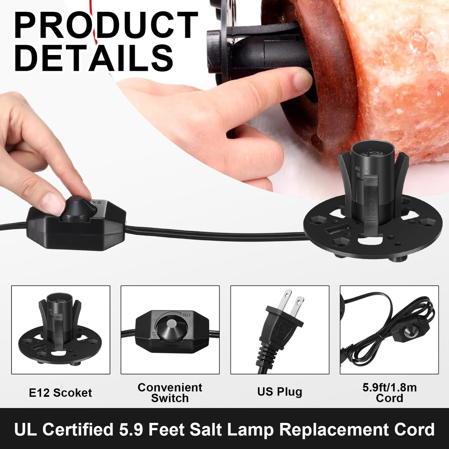 Glooglitter 3 Pack Salt Lamp Cord Replacement 5.9 Feet Original Lamp Dimmer Switch with Cord and Base Assembly for E12 Salt Lamp, Black UL Certification Cord