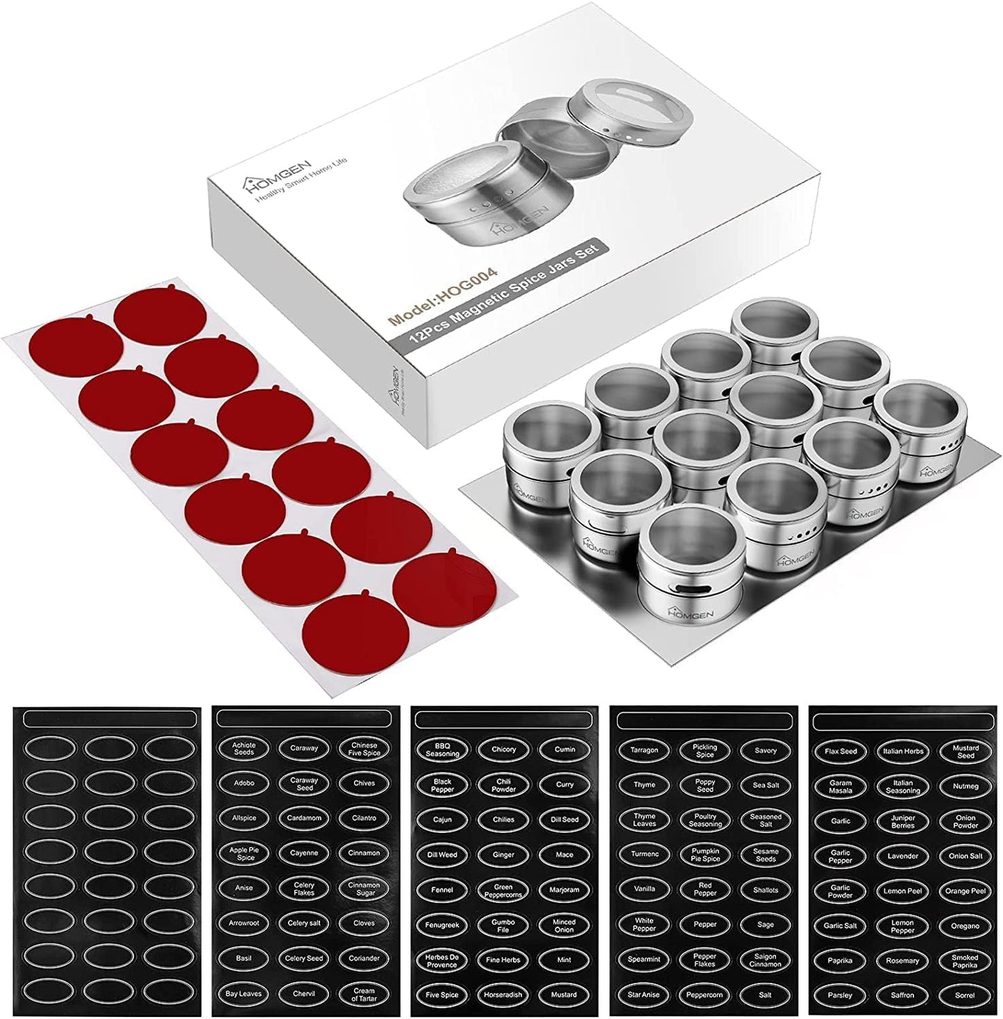 HOMGEN 12Pack Magnetic Spice Jars Set Stainless Steel Magnetic Spice Containers 100ml/3.4oz Magnetic Spice Jars for Fridge BBQ Magnet Spice Tins Set Magnetic Spice Pots with Lids for Kitchen