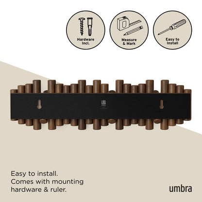 Umbra Picket Coat Rack with 8 Hooks – Walnut Wall-Mounted Coat Rack with Flip-Down Wooden Hooks, Real Pine Wood Decorative Wall Storage for Jackets, Hats, Scarves, Bags, Entryway, Bedroom Living Room