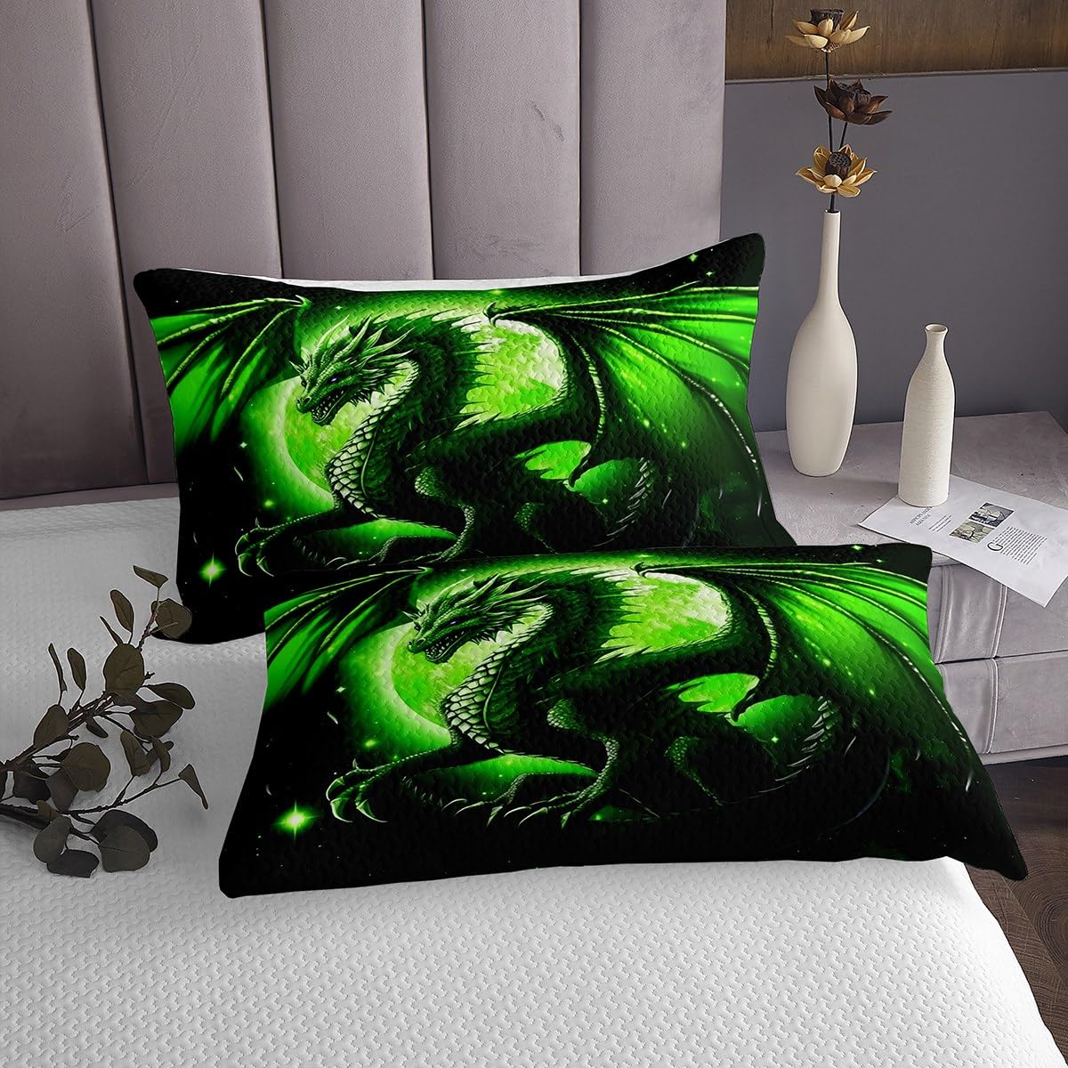 Castle Fairy Dragon Bedspread Queen Size,Starry Sky Moon Night Bedding Set for Kids Boys Teens Men Room Decor,3D Western Dragon Animals Comforter Set Black Green Quilt Coverlet,2 Pillowcases