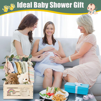 GaliGali Wooden Baby Shower Crate Closet, Newborn Gift Basket with Handle and Hanger Garland, Gender Reveal Storage Box, Personalized Baby Gift for Pregnant New Parents NO.LPL Wood-S