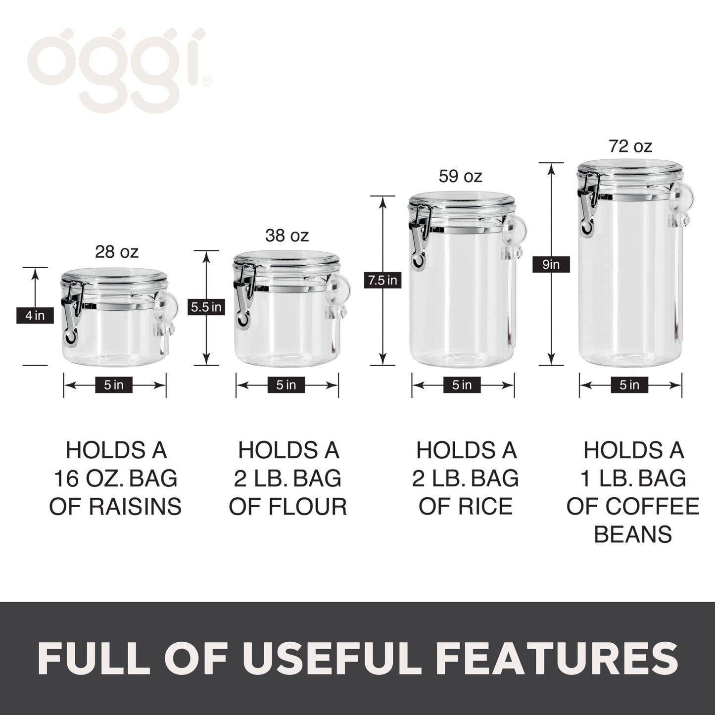 Oggi 4pc Clear Canister Set with Clamp Lids & Spoons - Airtight Food Storage Containers, Ideal for Kitchen & Pantry Storage of Bulk, Dry Food Including Flour, Sugar, Coffee, Rice, Tea, Spices & Herbs