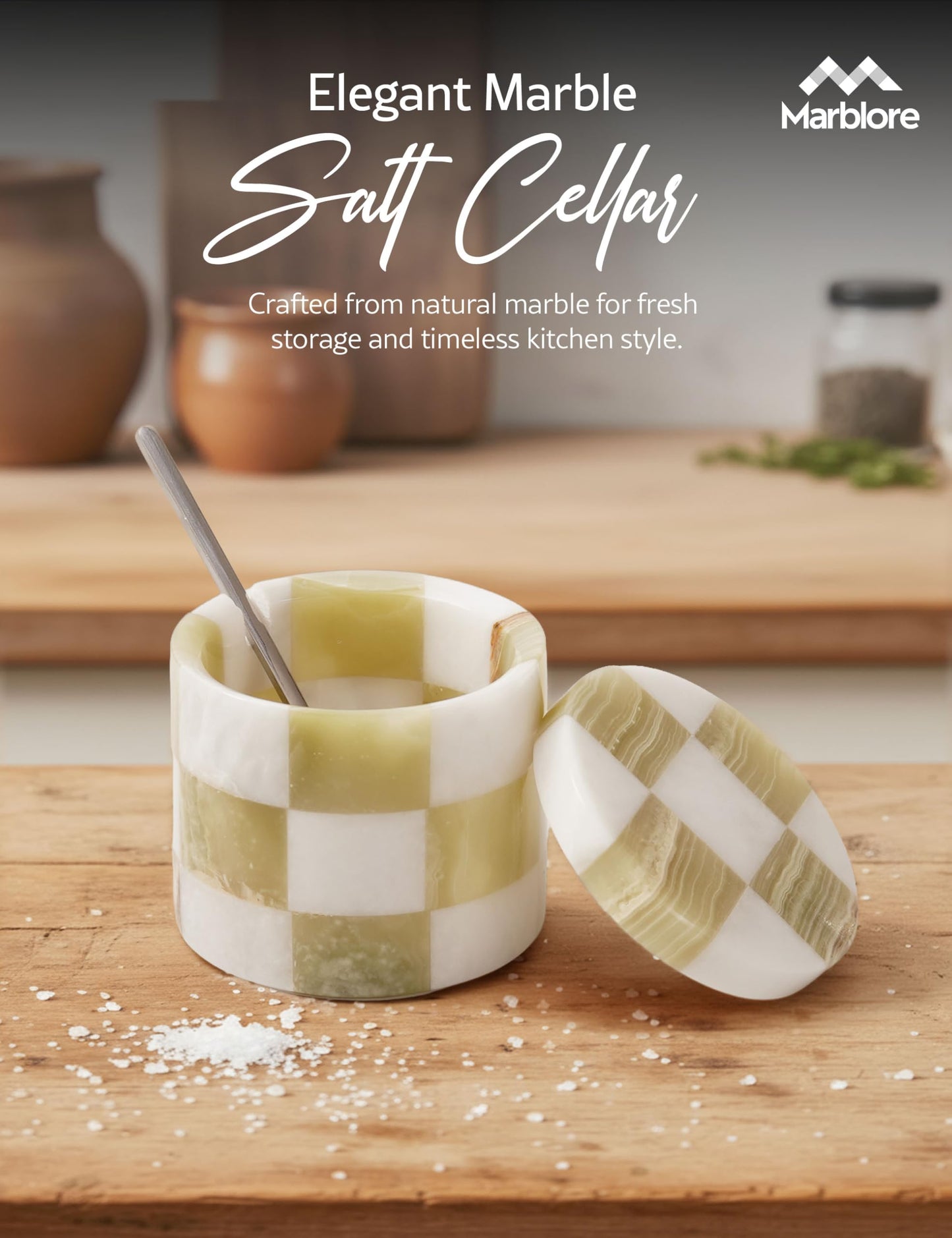 Marble Salt Cellar 3" White and Green Sugar Salt Pepper Containers for Kitchen Storage, Stone Salt Holder with Lid and Spoon for Countertop, Seasoning and Spice Storage Jar