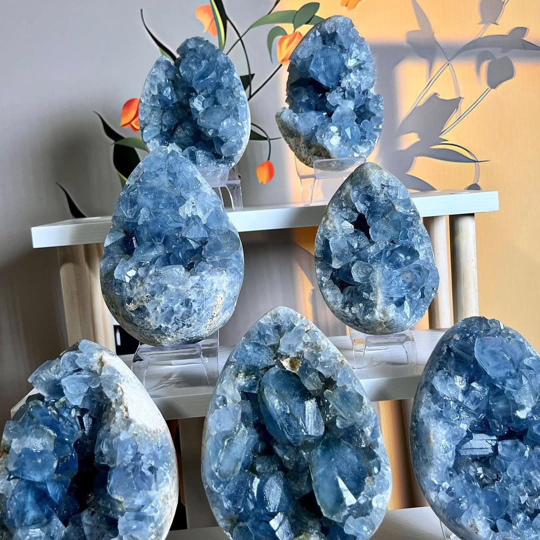 0.88-1.8lb Natural Celestine Cluster - Blue Quartz Geode for Home & Office Decor - Raw Crystal Healing Stone with Natural Formations