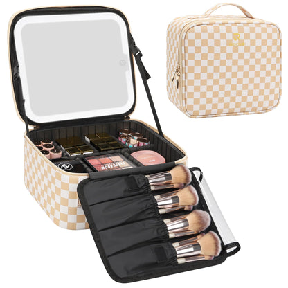 Relavel Travel Makeup Bag With LED Mirror, Cosmetic Train Case with Light up Mirror, Portable Makeup Artist Organizer Bag with Adjustable Dividers, Makeup Brush Holder Storage, Black